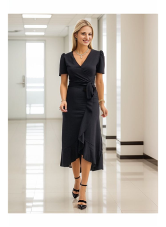 Kadın Kruvaze Yaka Midi Boy Kuşaklı Krep Elbise 120 Cm