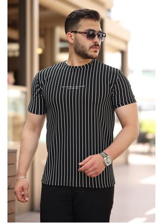 Erkek Dikey çizgili Ottoman Kumaş Kısa Kollu T-shirt