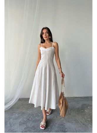 SİMLİ ÇİZGİLİ ASKILI ELBİSE MİDİ BOY - Kahverengi