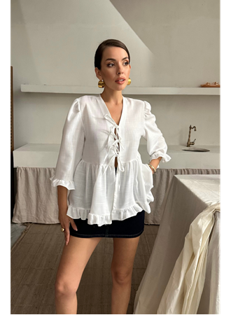 KETEN BLUZ ÖNDEN BAĞLAMALI FIRFIR DETAYLI - Beyaz