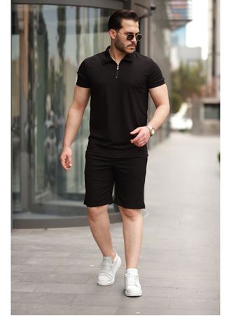 Erkek Yakalı Fermuarlı T-shirt şort Ikili Takım