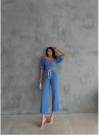 KETEN CROP KARPUZ KOL BLUZ-PANTOLON HASIR KEMERLİ - Mavi