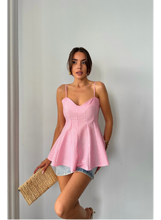 ÇİZGİLİ GOFRE ASKILI PENS DETAYLI BLUZ - Pembe