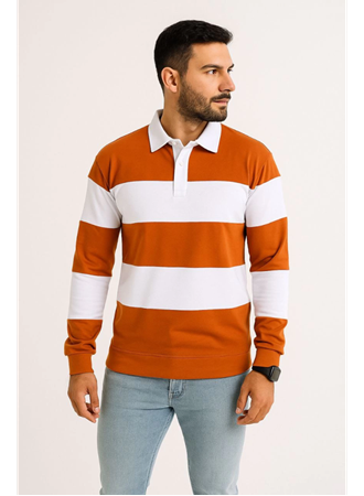 Erkek Polo Yaka Uzun Kollu Çizgili Sweatshirt Trend Rugby Stil - Turuncu