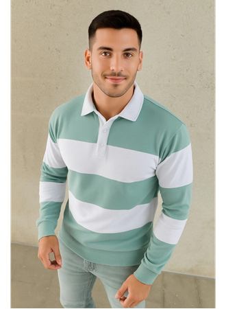 Erkek Polo Yaka Uzun Kollu Çizgili Sweatshirt Trend Rugby Stil - Çağla Yeşili