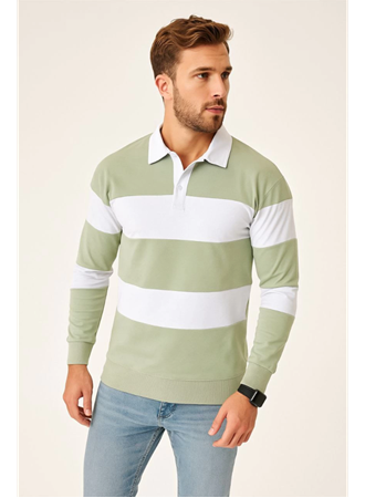 Erkek Polo Yaka Uzun Kollu Çizgili Sweatshirt Trend Rugby Stil - Mint Yeşili
