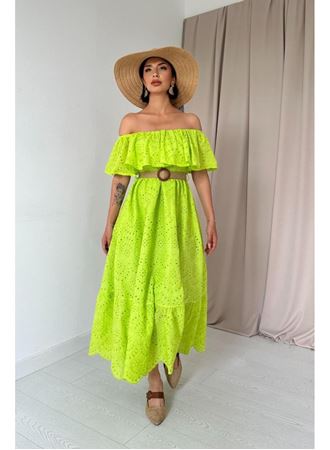 Yağ Yeşili Omzu Lastikli Brode Elbise