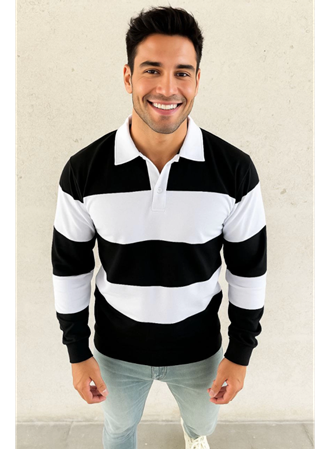 Erkek Polo Yaka Uzun Kollu Çizgili Sweatshirt Trend Rugby Stil - Siyah