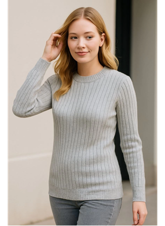 Bisiklet Yuvarlak Yaka Triko Kazak Pamuklu Kalın Fitilli Dokuma, Regular Fit Uzun Kollu Kışlık Model - Gri