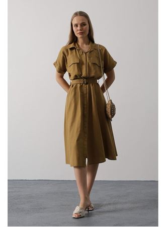 Kuşaklı Cep Detaylı Yarım Kol Elbise - Yağ Yeşili