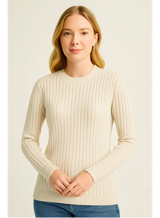 Bisiklet Yuvarlak Yaka Triko Kazak Pamuklu Kalın Fitilli Dokuma, Regular Fit Uzun Kollu Kışlık Model - Bej