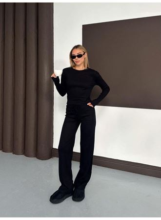 Kadın Bisiklet Yaka Parmak Geçme Detay Uzun Kollu Bluz Ve Pantolon Ikili Takım