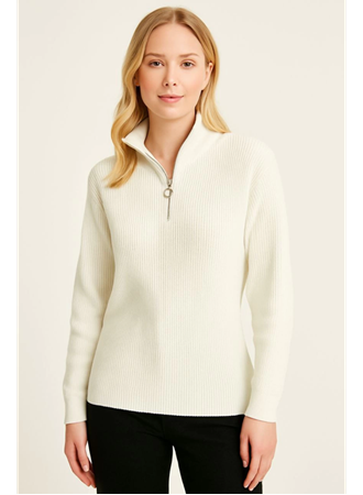 KADIN Yarım Fermuarlı Triko Kazak – Selanik Örgü, Dik Yaka, Pamuklu Dokuma, Oversize Uzun Kollu Kışlık Model - Beyaz