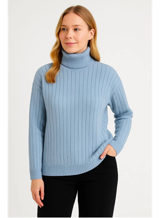 Balıkcı Yaka Bağazlı Triko Kazak Pamuklu Kalın Fitilli Dokuma - Bebek Mavisi