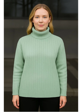 Balıkcı Yaka Bağazlı Triko Kazak Pamuklu Kalın Fitilli Dokuma - Mint Yeşili