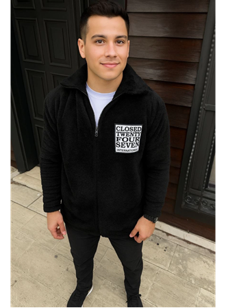 Erkek Polar Fermuarlı Sweatshirt – Kapüşonsuz, Cepli, Yumuşak Dokulu, Oversize Rahat Kalıp, Kışlık Sıcak Tutan Fermuarlı Üst - Siyah