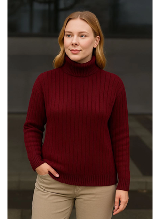 Balıkcı Yaka Bağazlı Triko Kazak Pamuklu Kalın Fitilli Dokuma - Bordo