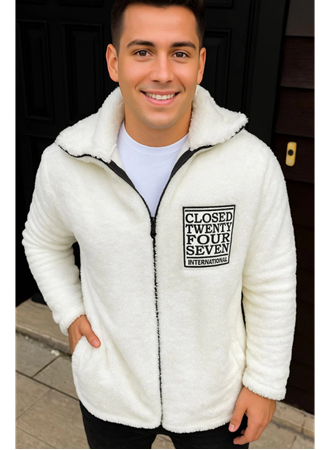 Erkek Polar Fermuarlı Sweatshirt – Kapüşonsuz, Cepli, Yumuşak Dokulu, Oversize Rahat Kalıp, Kışlık Sıcak Tutan Fermuarlı Üst - Beyaz