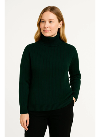 Balıkcı Yaka Bağazlı Triko Kazak Pamuklu Kalın Fitilli Dokuma - Haki