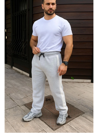 Erkek Üç İplik Kışlık Pamuklu Yandan Garneli Kalın Bej Şeritli Cepli Eşofman Altı - Gri