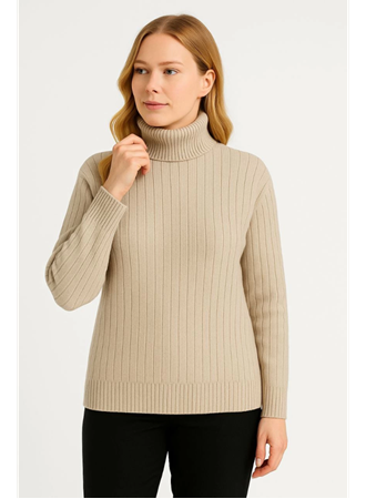 Balıkcı Yaka Bağazlı Triko Kazak Pamuklu Kalın Fitilli Dokuma - Bej