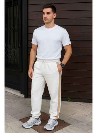 Erkek Üç İplik Kışlık Pamuklu Yandan Garneli Kalın Bej Şeritli Cepli Eşofman Altı - Beyaz