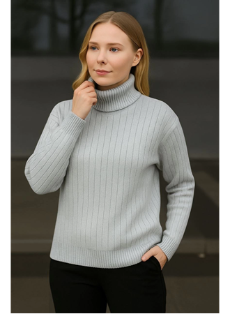 Balıkcı Yaka Bağazlı Triko Kazak Pamuklu Kalın Fitilli Dokuma - Gri