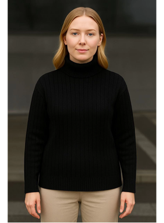 Balıkcı Yaka Bağazlı Triko Kazak Pamuklu Kalın Fitilli Dokuma - Siyah