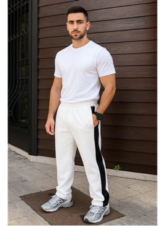 Erkek Üç İplik Kışlık Pamuklu Yandan Garneli Kalın Şeritli Cepli Eşofman Altı - Beyaz