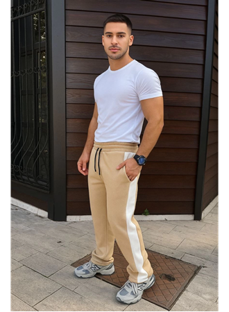 Erkek Üç İplik Kışlık Pamuklu Yandan Garneli Kalın Şeritli Cepli Eşofman Altı - Bej