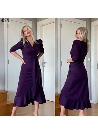 Krep Kumaş Midi Boy Kuşaklı Uzunkol Elbise