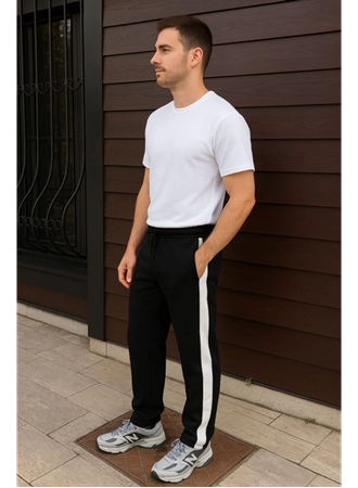 Erkek Üç İplik Kışlık Pamuklu Yandan Garneli Kalın Şeritli Cepli Eşofman Altı - Siyah