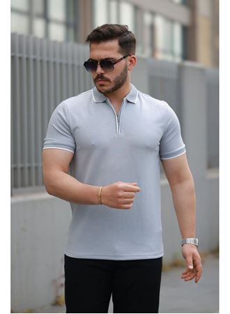 Erkek Fermuar Yakalı çizgi Detaylı Kısa Kollu Tişört