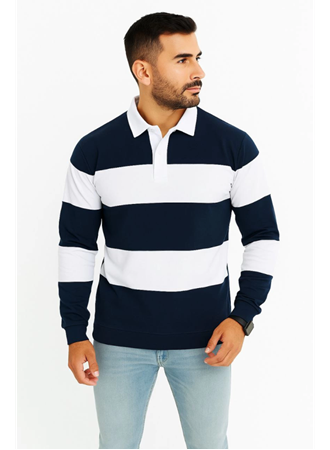 Erkek Polo Yaka Uzun Kollu Çizgili Sweatshirt Trend Rugby Stil - Lacivert