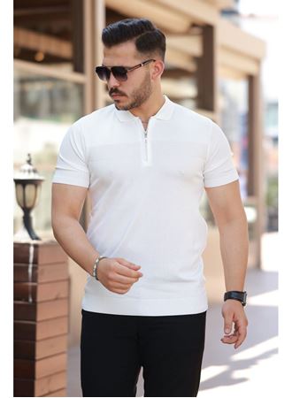 Erkek Göğüs Pirinç Desenli Fermuar Yakalı Kısa Kollu Tişört