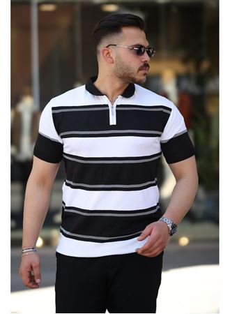 Erkek Yakalı Fermuarlı çift Renk Kısa Kollu T-shirt