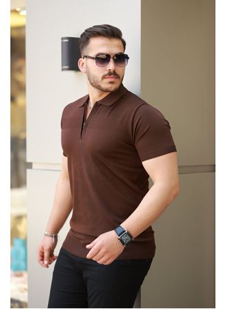 Erkek Göğüs Pirinç Desenli Fermuar Yakalı Kısa Kollu Tişört