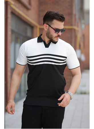 Erkek çizgi Desenli Yakalı Kısa Kollu T-shirt