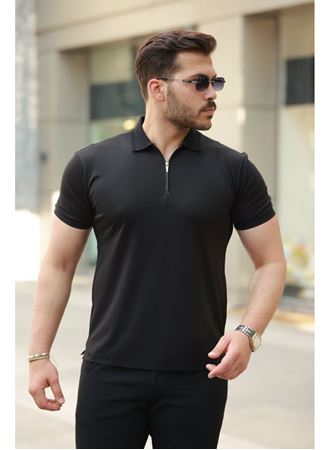 Erkek Deri Panel Detaylı Fermuar Yakalı Kısa Kollu Tişört