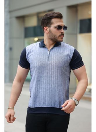 Erkek Fermuar Yakalı çizgili Kısa Kollu Tişört