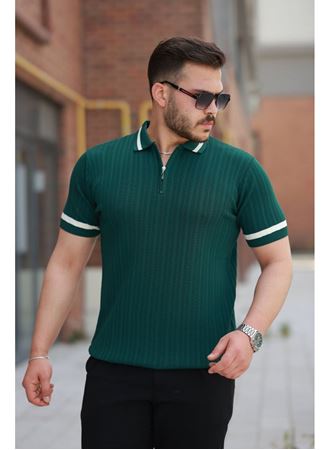 Erkek Yaka Ve Kolları çizgi Detaylı Fermuarlı Kısa Kollu T-shirt