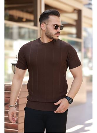 Erkek Desenli çizgi Kabartmalı Kısa Kollu Tişört