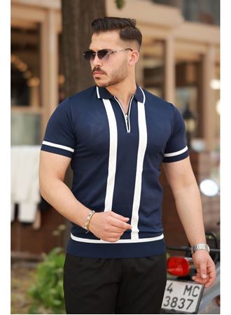 Erkek Fermuar Yakalı şerit Detaylı Kısa Kollu Tişört