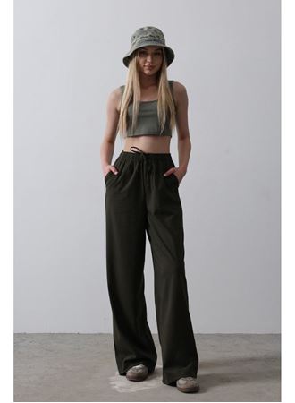 Beli Lastikli Bol Paça Pantolon - Koyu Haki
