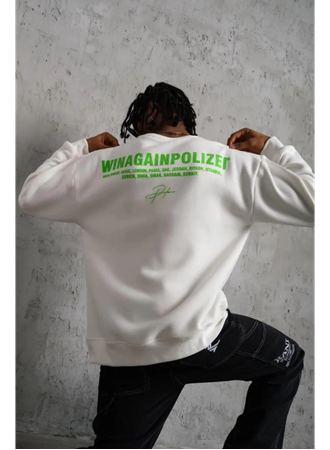 Erkek Oversize Sweatshirt – Beyaz Renk  Ön Ve Sırt Baskılı, Üç İplik İçi Pamuklu Kumaş, Rahat Kalıp, Ribanalı Kışlık Sweat  Winagain Polizei Serisi - Beyaz