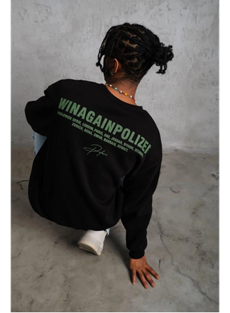 Erkek Oversize Sweatshirt – Siyah Renk  Ön Ve Sırt Baskılı, Üç İplik İçi Pamuklu Kumaş, Rahat Kalıp, Ribanalı Kışlık Sweat  Winagain Polizei Serisi - Siyah