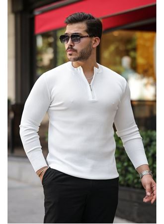 Erkek Fermuarlı Bisiklet Yaka Dokulu Uzun Kollu Triko