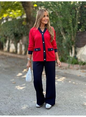 Kadın Uzun Kollu Ribanali Cep Detay Hırka Ve Bol Paça Pantolon Ikili Takım