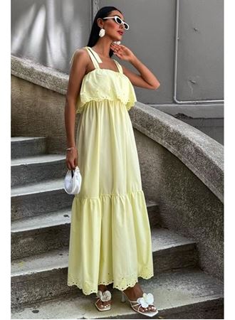 Etek Ucu Brode Nakışlı Boyundan Bağlamalı Elbise 2881