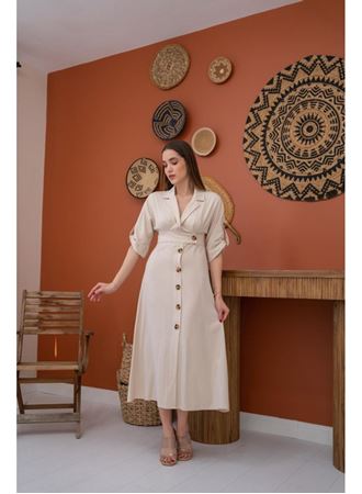 Bej Düğmeli Keten Elbise